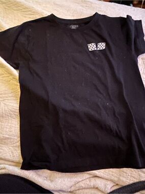 “Call your Mother”Black Tee with Checkered Flag Chest Graphic